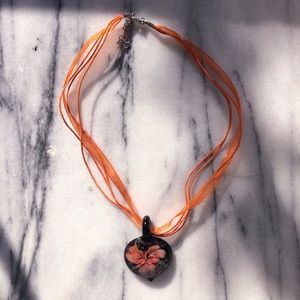Orange ribbon flower necklace